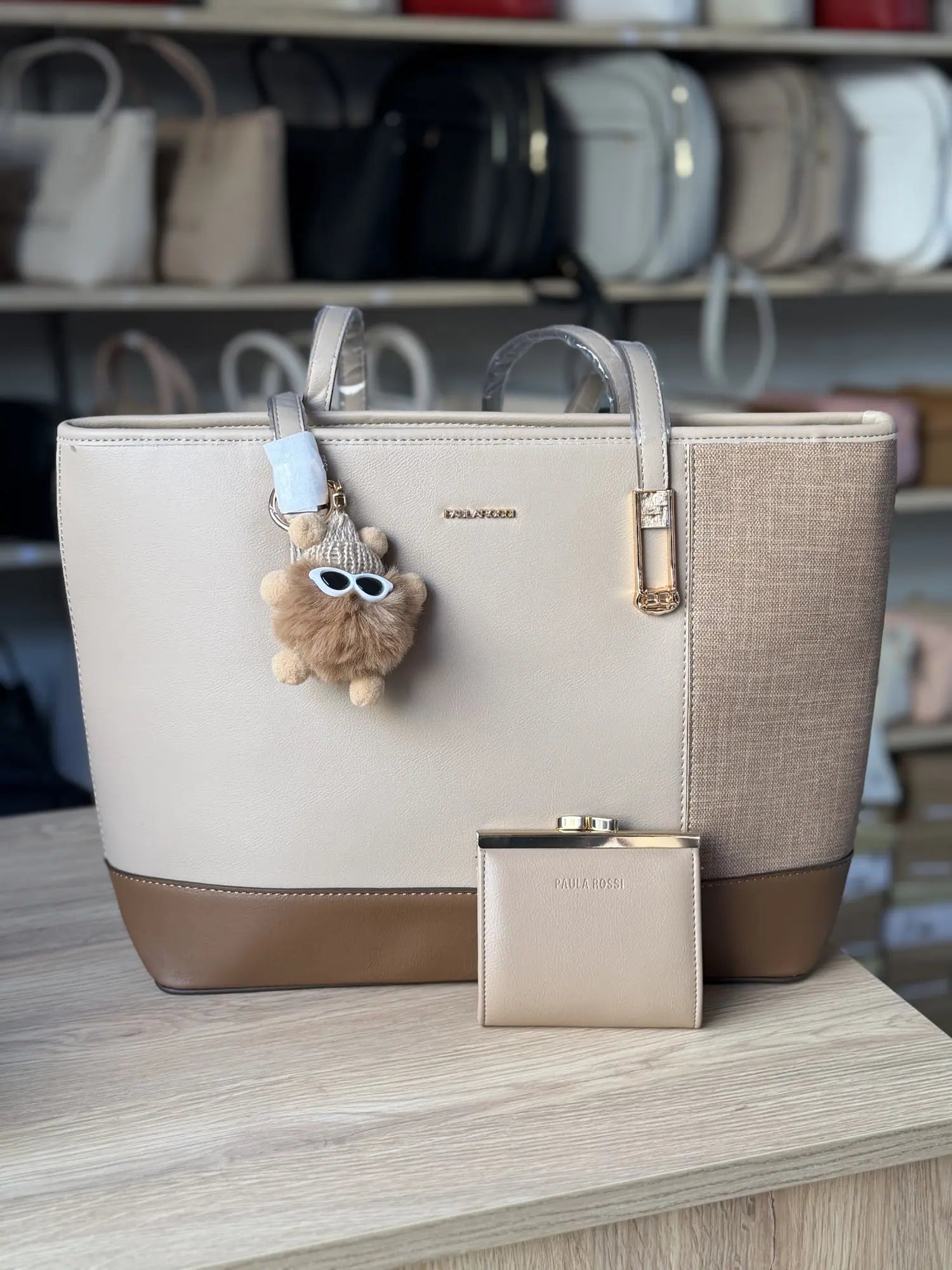 Cabas bicolore effet raphia avec porte-monnaie - Beige