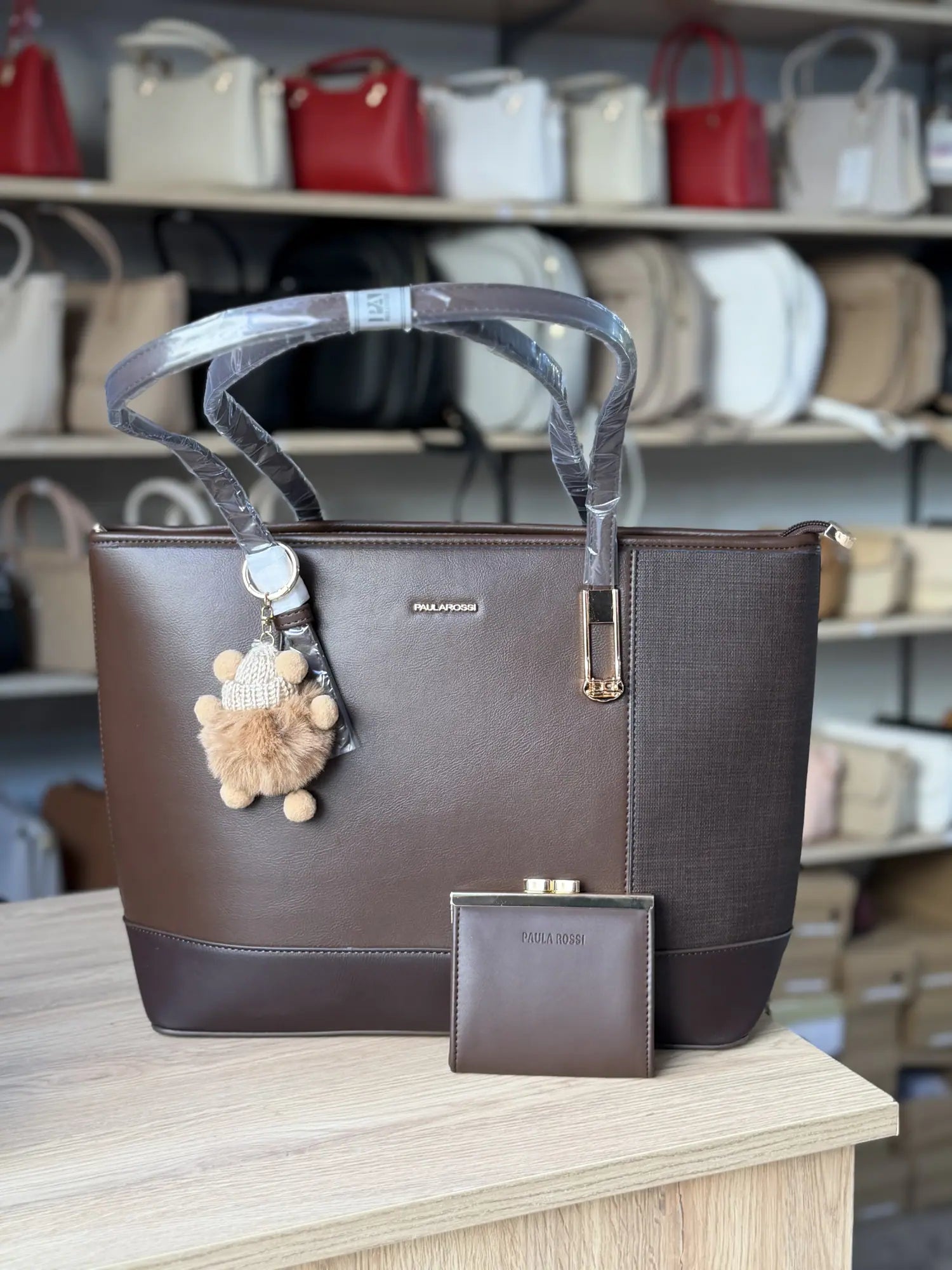 Cabas bicolore effet raphia avec porte-monnaie - Chocolat
