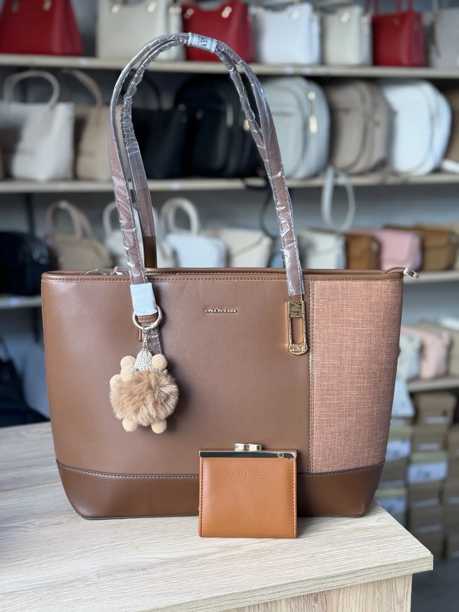 Cabas bicolore effet raphia avec porte-monnaie - Cognac
