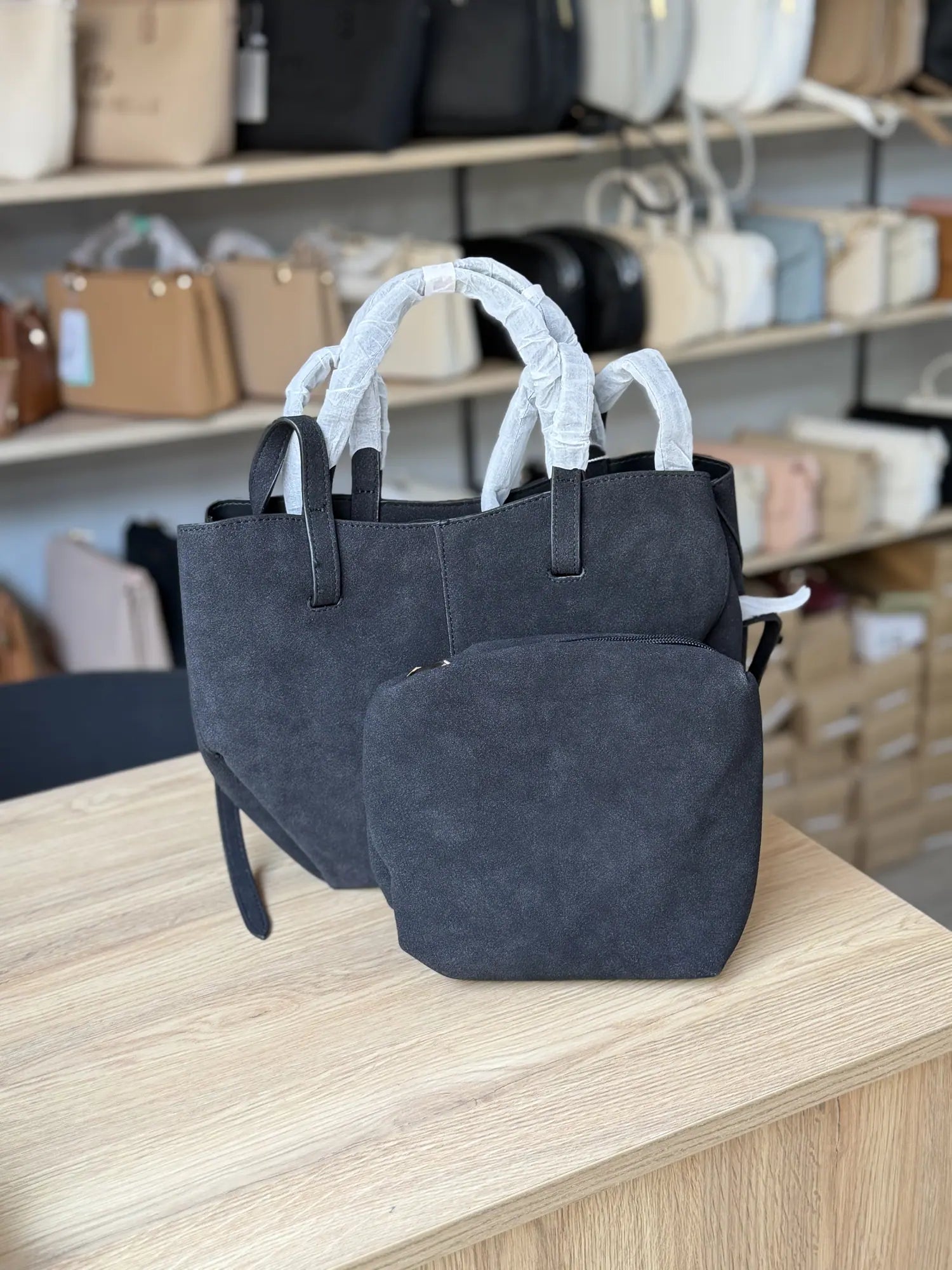 Cabas effet daim avec pochette - Anthracite