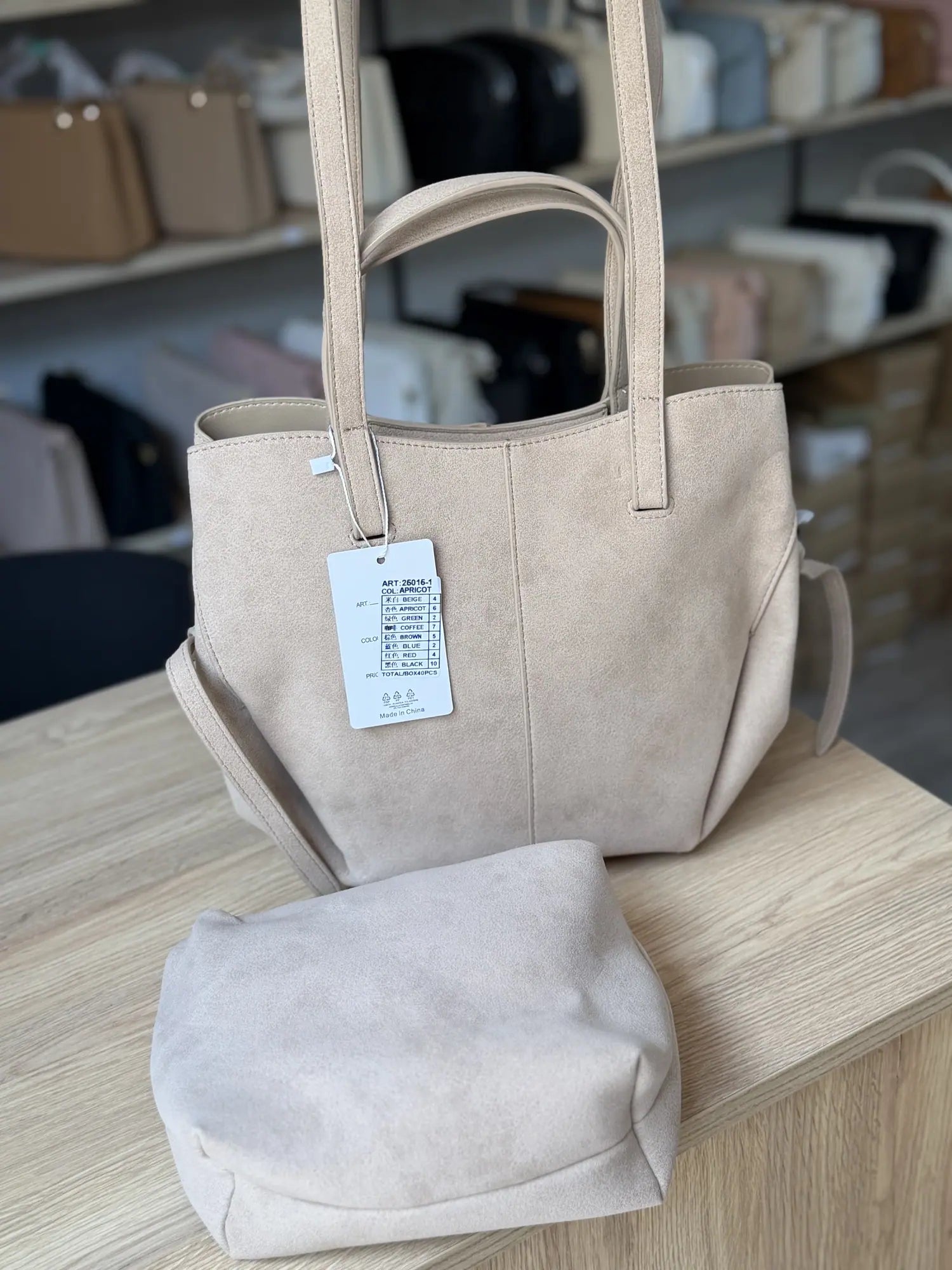 Cabas effet daim avec pochette - Beige rosé