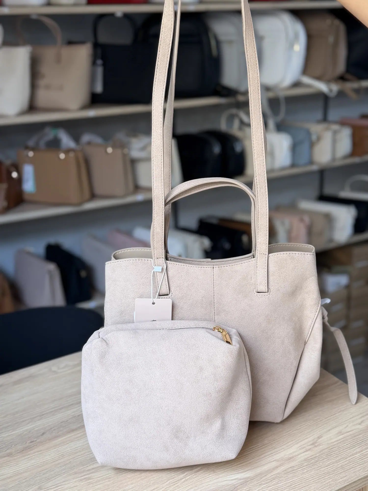 Cabas effet daim avec pochette - Beige rosé
