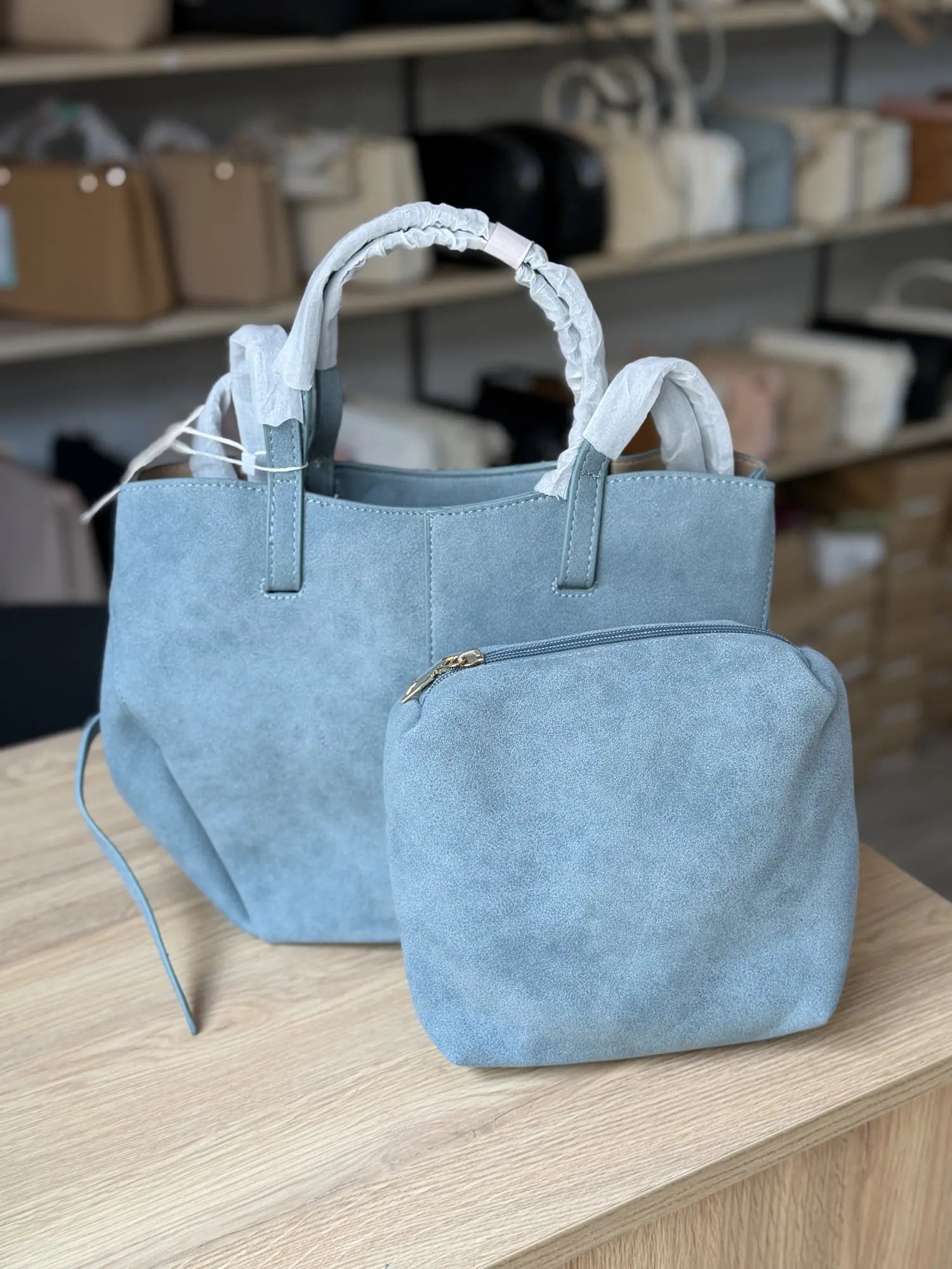 Cabas effet daim avec pochette - Bleu