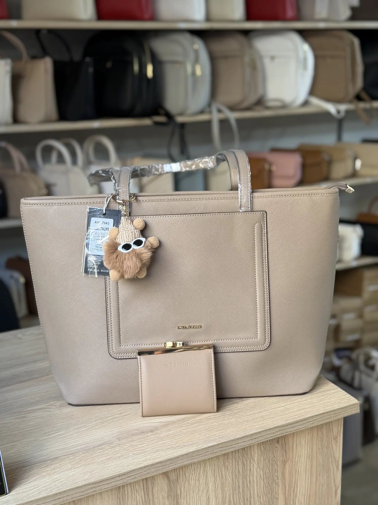 Grand cabas poche avant avec porte-monnaie - Beige
