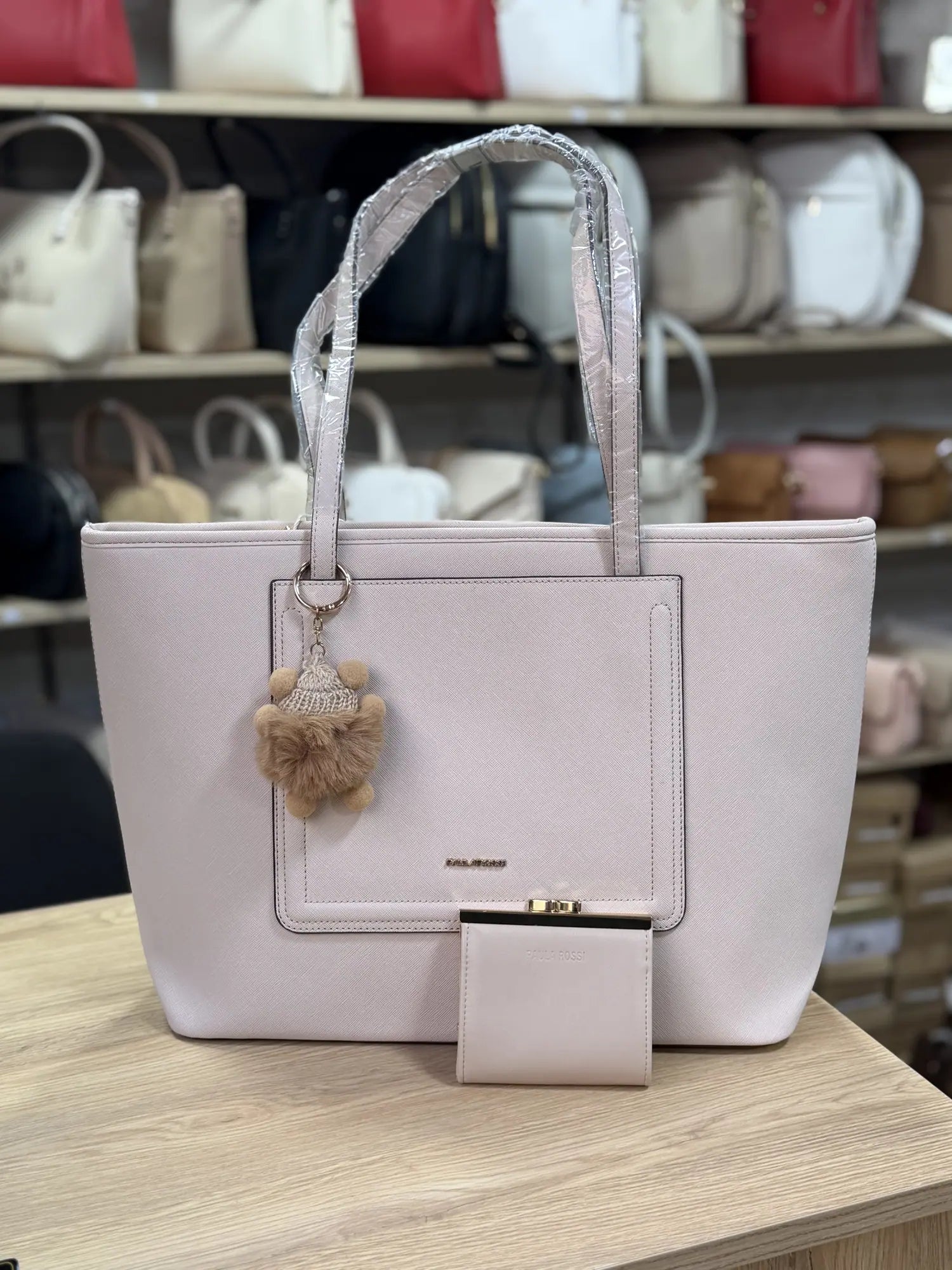Grand cabas poche avant avec porte-monnaie - Rose poudré