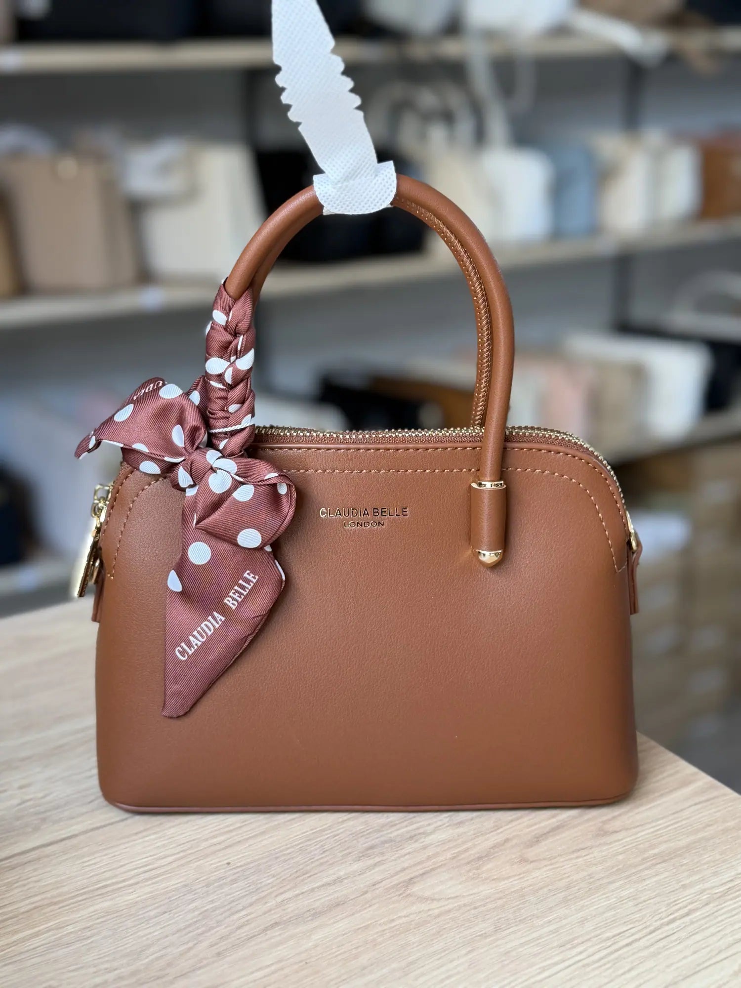 Sac demi-lune avec foulard à pois - Cognac